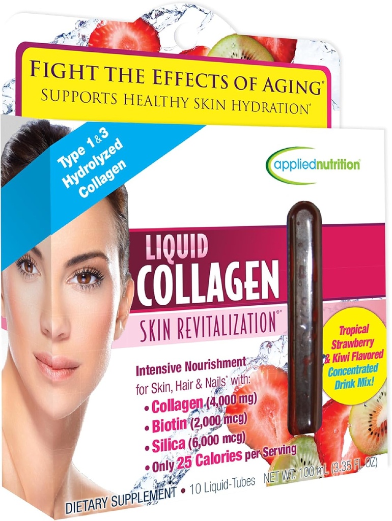 Εφαρμοσμένη διατροφή Υγρό Collagen Αναζωογόνηση δέρματος - 10 Υγροί Σωλήνες - Κολλαγόνο, Βιοτίνη & Silica - Τροπική Φράουλα & Kiwi Γεύση - 10 Υπηρεσίες