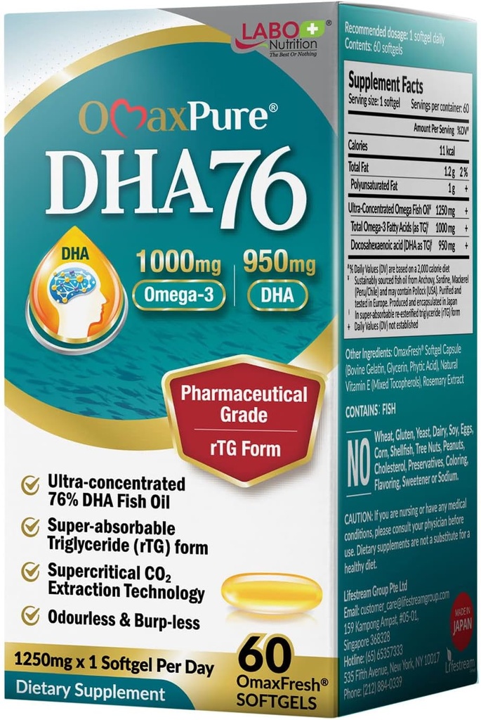 Διατροφή LABO OmaxPure DHA76 Omega 3 Fish Oil, Ultra-Concentrated 76% 950mg DHA, EPA, 60 Count, Pharmaceutical Grade, Supercritical CO2 Extracted rTG Form, for Heart, Joint, Brain & Immune Health