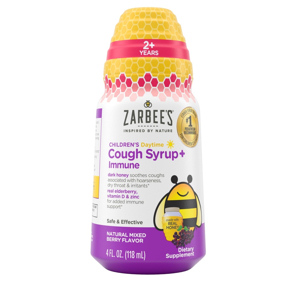 Zarbee's Children's Daytime Honey Cough Syrup + Immune for Kids 2+, Σιρόπι βήχα με Καταπραϋντικό Σκοτεινό Μέλι, Realάλ Elderberry, Βιταμίνη D & Zinc, Drug & Alcohol-Free, Mixed Berry, 4 fl. oz.