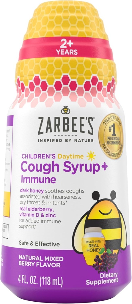Zarbee's Children's Daytime Honey Cough Syrup + Immune for Kids 2+, Σιρόπι βήχα με Καταπραϋντικό Σκοτεινό Μέλι, Realάλ Elderberry, Βιταμίνη D & Zinc, Drug & Alcohol-Free, Mixed Berry, 4 fl. oz.