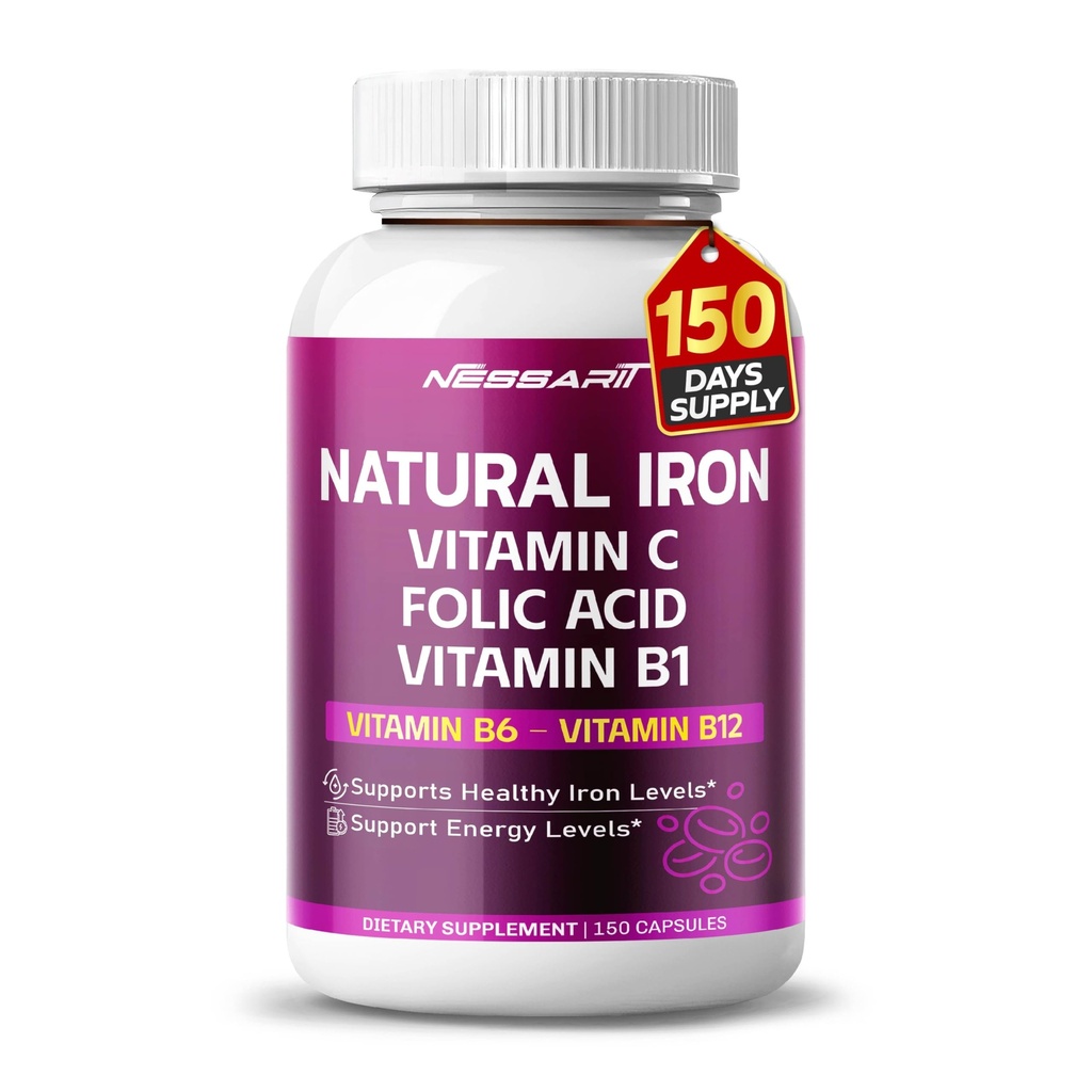 Natural Iron High Potency with Vitamin C, Folic Acid - High-Absorption Formula Vitamin B1, Vitamin B6, Vitamin B12 - Support Blood Building - 150 Count