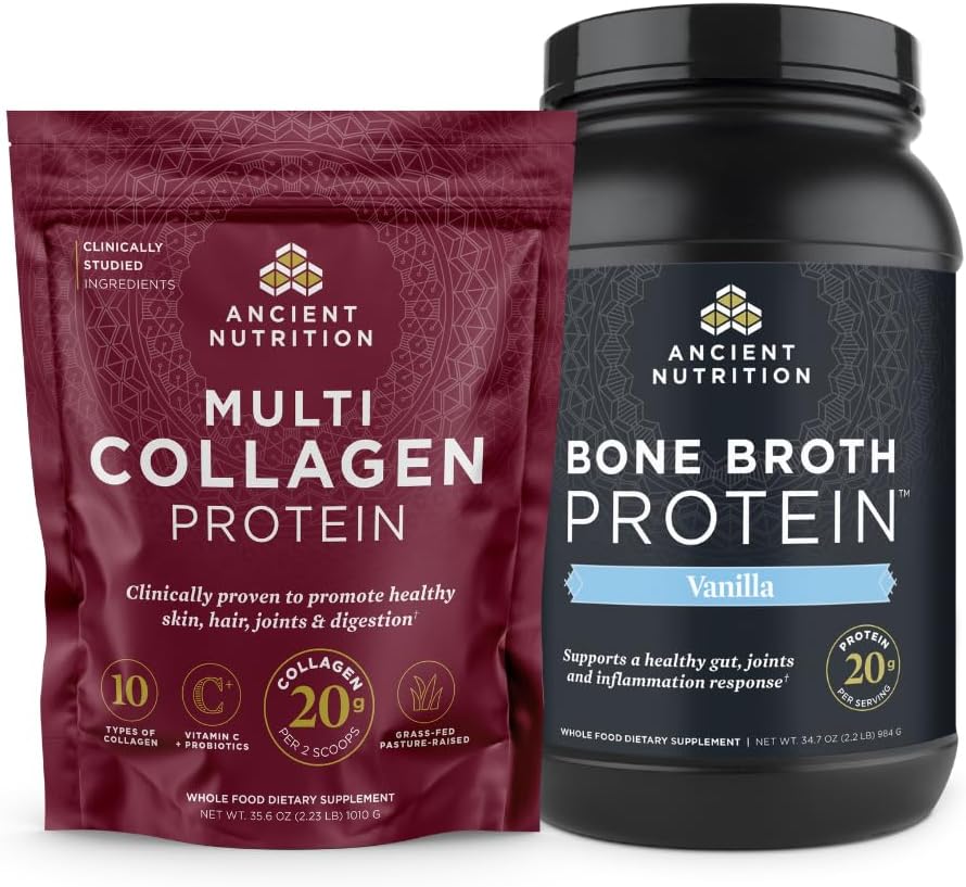 Αρχαία διατροφή Multi Collagen Protein Powder, Άγευστη, 100 σέρβις + Bone Broth Protein Powder, Βανίλια, 40 σέρβις