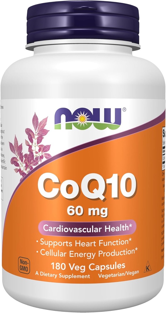 NOW συμπληρώματα τροφίμων, CoQ10 60 mg, φαρμακευτικός βαθμός, All-Trans μορφή CoQ10 που παράγεται με ζύμωση, 180 κάψουλες Veg