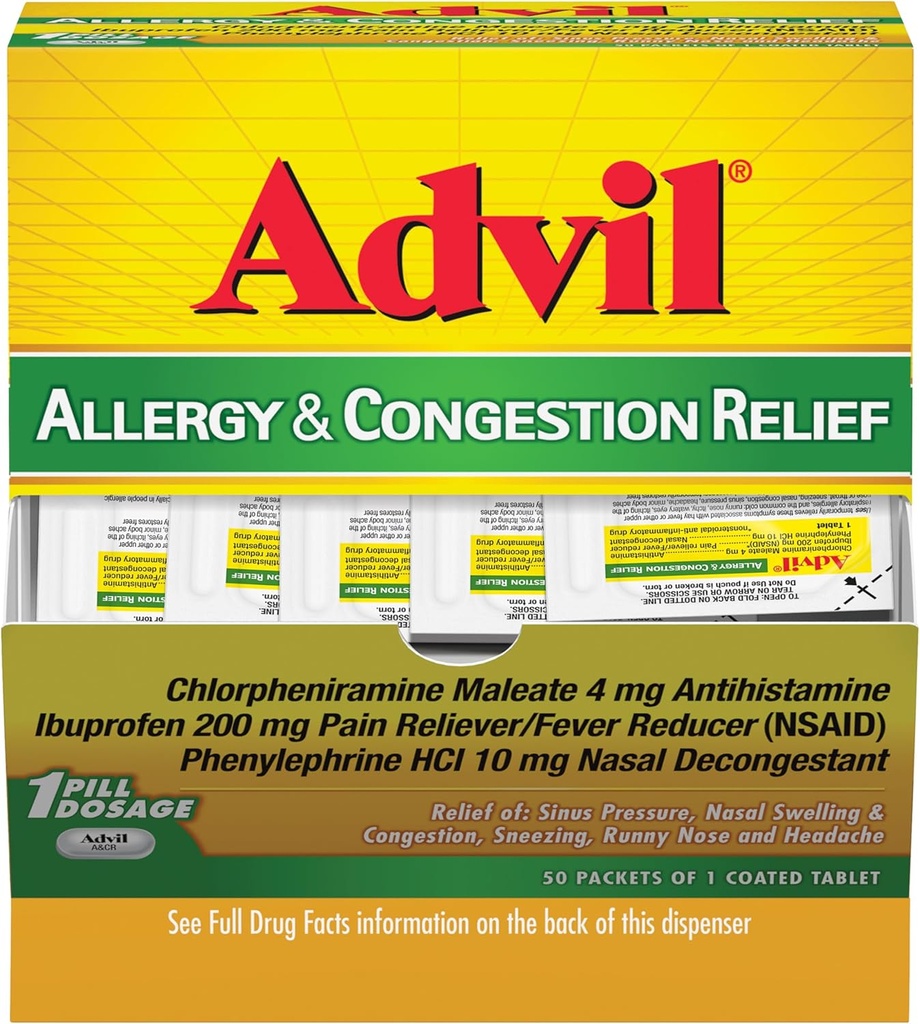 Advil Allergy and Congestion Relief Tablets, Pain Reliever, Fever Reducer and Allergy Relief with Ibuprofen, Phenylefrine HCl και Chlorpheniramine Maleate 4 mg - 50 Επικαλυμμένα δισκία