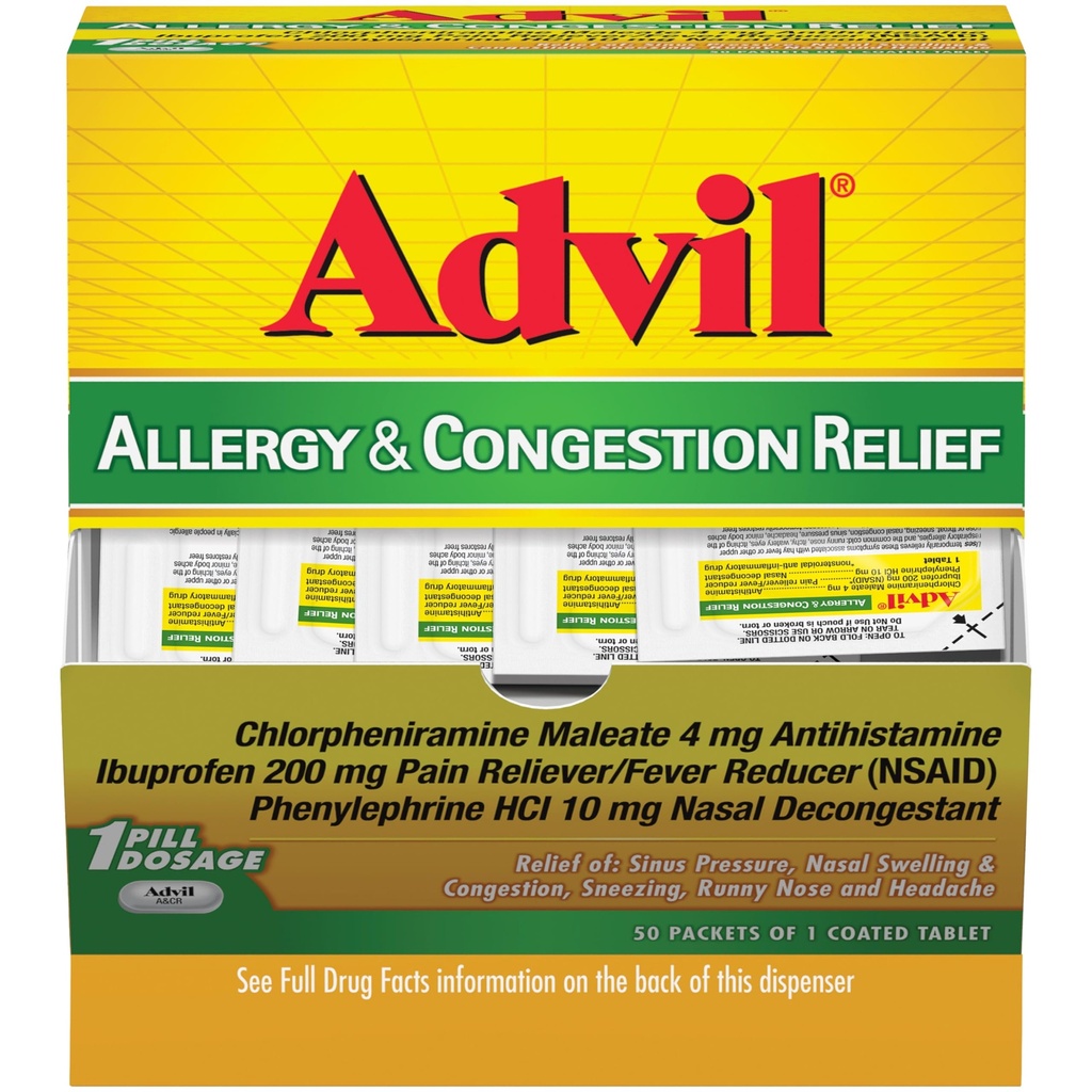 Advil Allergy and Congestion Relief Tablets, Pain Reliever, Fever Reducer and Allergy Relief with Ibuprofen, Phenylephrine HCl and Chlorpheniramine Maleate 4 mg - 50 Coated Tablets