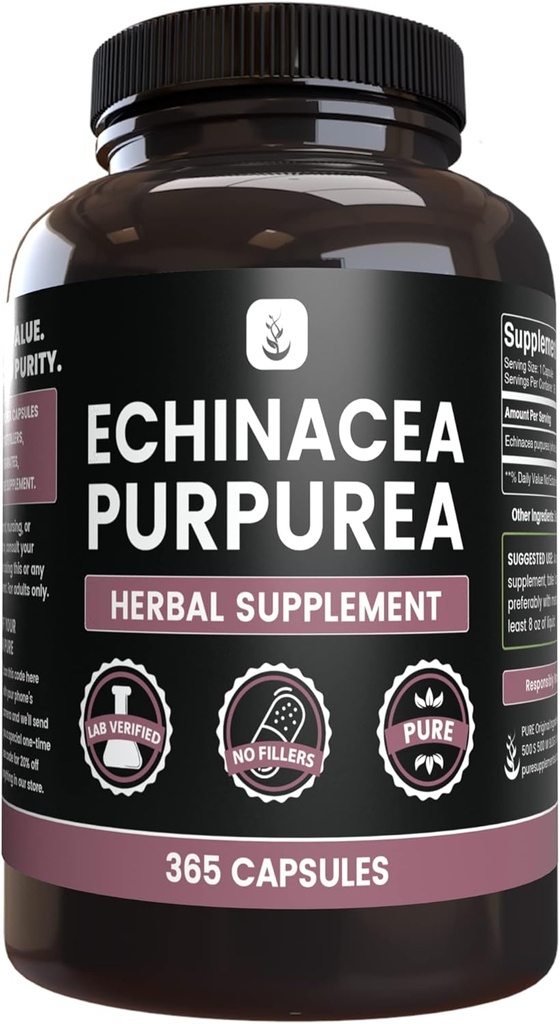 PURE Αρχική ΣΥΣΤΑΤΙΚΑ Echinacea Purpurea (365 Κάψουλες) Όχι Μαγνήσιο ή Ρύζι Fillers, πάντα καθαρό, Εργαστήριο Επαληθευμένο