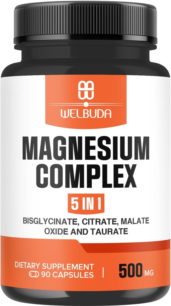 5in1 Magnesium Complex Supplement with 20% Purified - 500mg Μαγνήσιο Διγλυκινικό, Κιτρικό & Περισσότερα για τους μυς, Χαλάρωση Mood, Οστική Υγεία & Περισσότερα - 90 Κάψουλες
