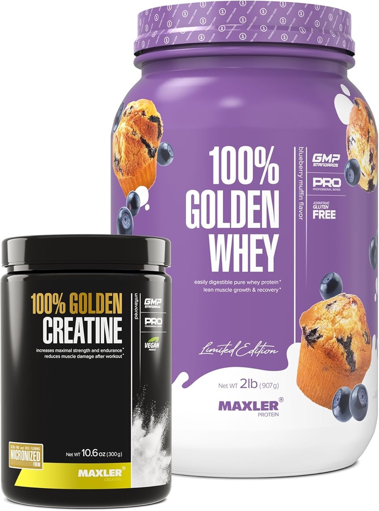 Maxler 100% Golden Whey (Blueberry Muffin 2 Lb) & 100% Golden Creatine (Unflaved 10,6 oz)