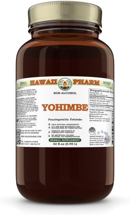 Yohimbe (Pausinystalia Yohimbe) Ξηρό Bark Γλυκερίτης, Made in Hawaii, All Natural, Vegan, Lab Tested Alcohol-Free Liquid Extract - 32 fl.oz