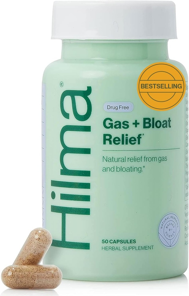 Hilma Natural Gas and Bloating Relief for Women, Doctor Formulated with Organic Ingredients, Lemon Balm, μάραθο και πιπερόριζα Leaf, 50 Vegan Caps