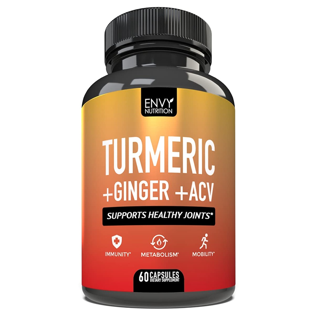 Envy Nutrition Turmeric & Ginger Συμπληρώματα κάψουλες με μηλίτη της Apple Ξίδι - Ενισχυμένη Ανοσία & Μεταβολισμός Υποστήριξη - 95% Κουρκουμινοειδή, Βιοπερίνη (Μαύρο Πιπέρι) για Superior Απορρόφηση - 60 Caps