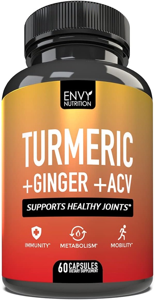 Envy Nutrition Turmeric & Ginger Supplement Capsules with Apple Cider Vinegar - Enhanced Immunity & Metabolism Support - 95% Curcuminoids, Bioperine (Black Pepper) for Superior Absorption - 60 Caps