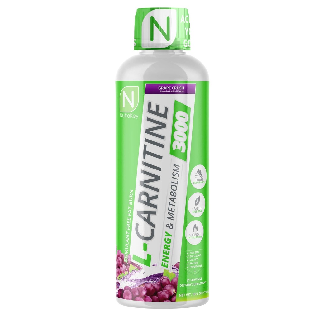 NutraKey L-καρνιτίνη 3000mg, χωρίς ζάχαρη, χωρίς γλουτένη, γυρίστε σε καύσιμα, (συντριβή σταφυλιών) 31 εξυπηρετούν