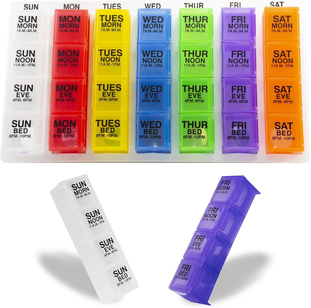 GMS 4 Times a Day Weekly Pill Reminder for Medications, Vitamins, Supplements and Other Pills - Includes 7 Removable Pill Boxes in a Flat White Tray (Rainbow)
