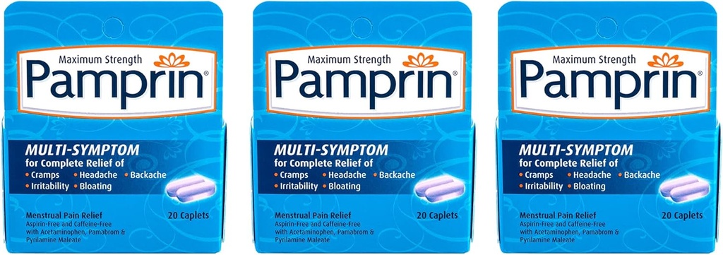 Pamprin Multi-Συμπτώματα Φόρμουλα, με Acetaminophen, Εμμηνορρυσιακή Περίοδος Συμπτώματα Ανακούφιση, 20 Caplets (πακέτο των 3)