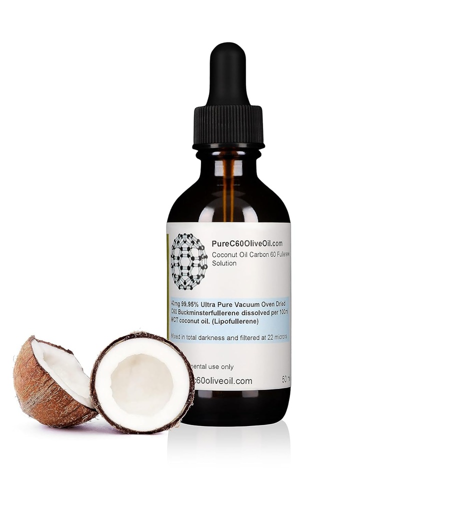 PureC60OliveOil C60 Organic MCT Coconut Oil 50ml / 1.7 Fl Oz - 99.95% Carbon 60 Solvent Free 20mg - Amber Glass Bottle - Food Grade - Carbon 60 MCT Coconut Oil - from The Leading Global Producer