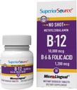 Superior Source No Shot Vitamin B-12 Methylcobalamin 10000 mcg, B-6 & Follic Acid 1200 mcg - Υποστηρίζει τον εγκέφαλο και την καρδιά υγεία - Βοηθά τα επίπεδα φυσικής ενέργειας - 30 υπογλώσσια δισκία διάλυσης