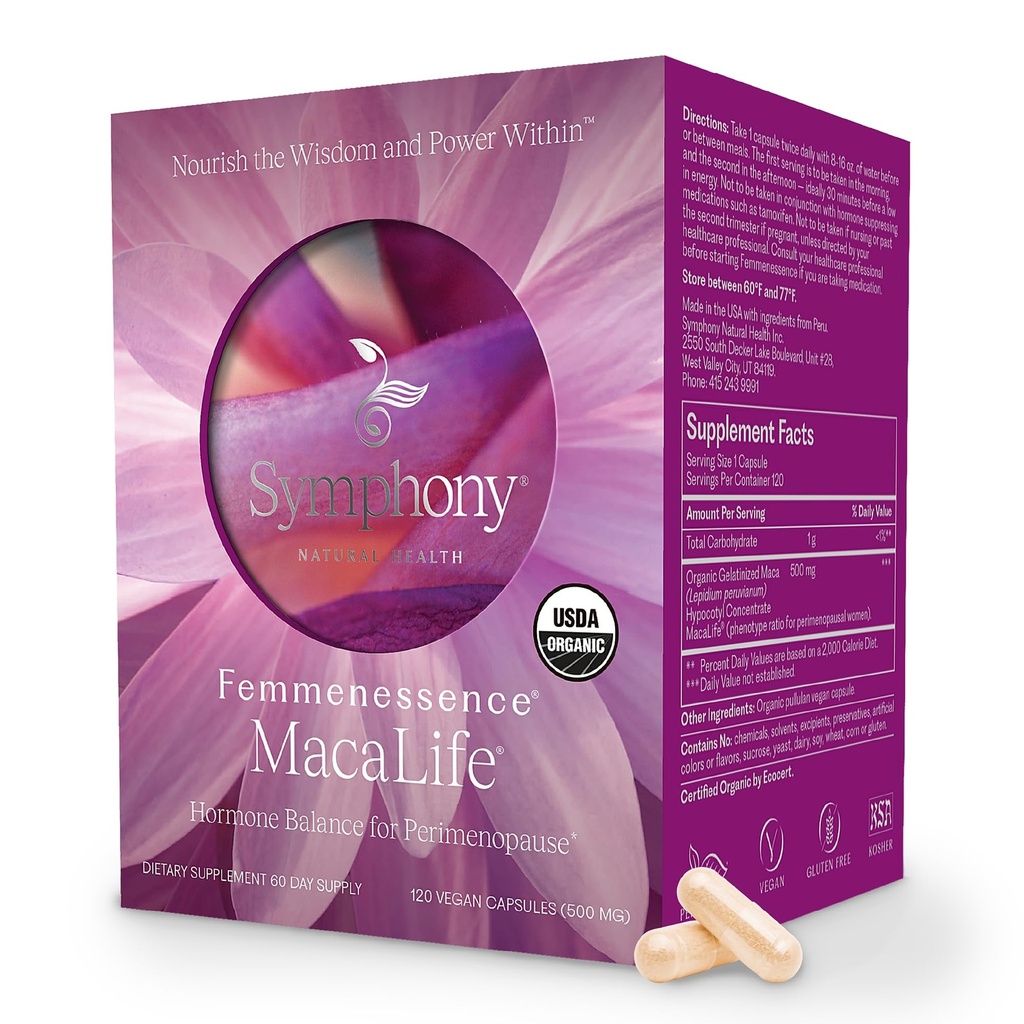 Femmenessence® MacaLife® – Clinically Proven Perimenopausal συμπλήρωμα για τη φυσική ισορροπία ορμονών, Symptom Relief, Heart & Mood Support, χωρίς προσθήκη ορμονών (120 κάψουλες, 60 ημέρες προσφοράς)