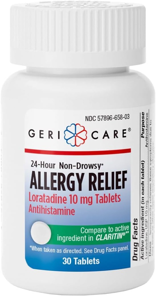 GeriCare Loratadine 10mg Μη- Νυσταγμένη 24ωρη Αλλεργία Ανακούφιση, Αντιισταμινική Αλλεργία/Sinus Tablets Υποστήριξης για Runny μύτη, Φτάρνισμα, Ίτσι, 30 Κόμης, 1 Συσκευασία.