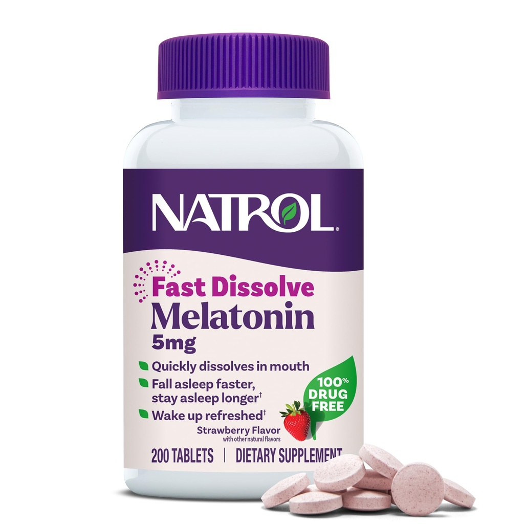 Natrol Μελατονίνη 5mg Ταμπλέτες ταχείας διάλυσης, Συμπληρώματα Υποστήριξης Ύπνου για Ενήλικες, Φράουλα Γεύση, 200 δισκία, Έως 200 ημέρες προσφοράς