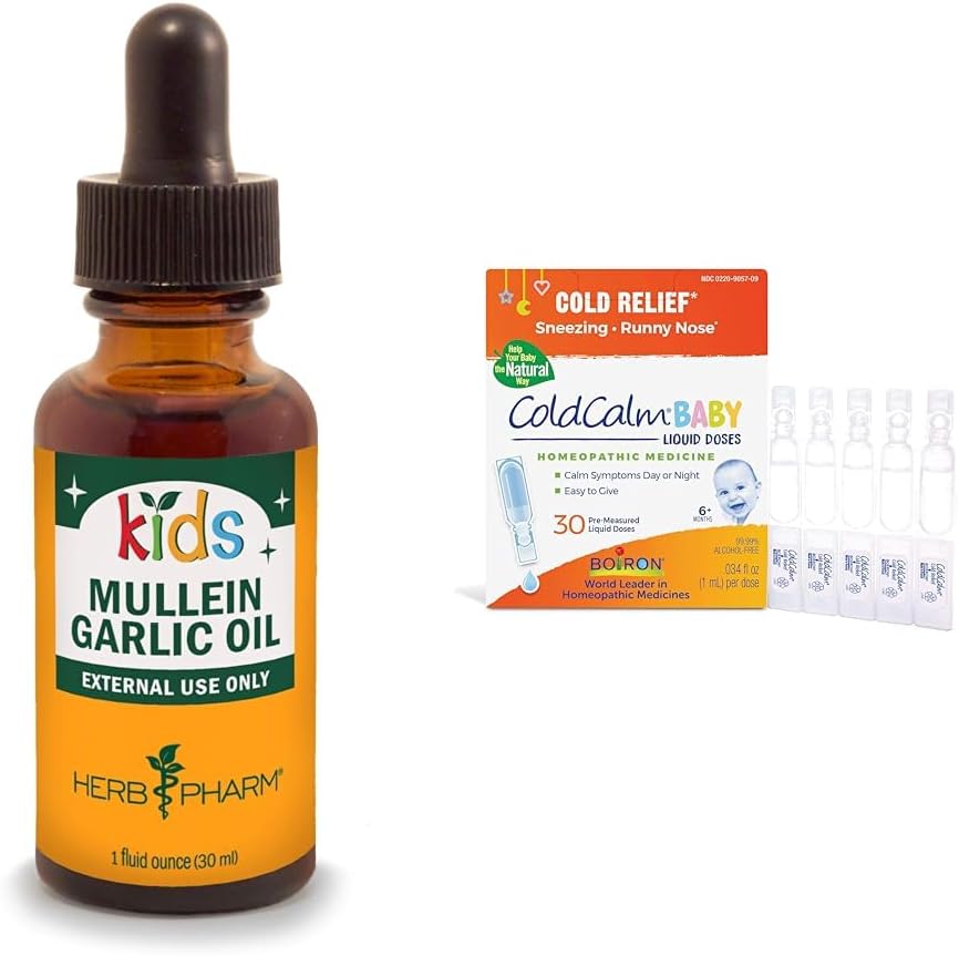 Herb Pharm Kids Mullein λάδι σκόρδο και Boiron ColdCalm βρεφικές σταγόνες για την ανακούφιση ψυχρών συμπτωμάτων, 1 Fl Oz και 30 Count
