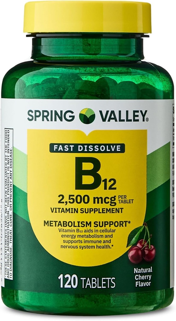Vitamin B12 Quick- Disolve Tablets Συμπλήρωμα διατροφής, 2.500 Mcg, Cherry, 120 Count and Portable Pill Container (2 αντικείμενα)