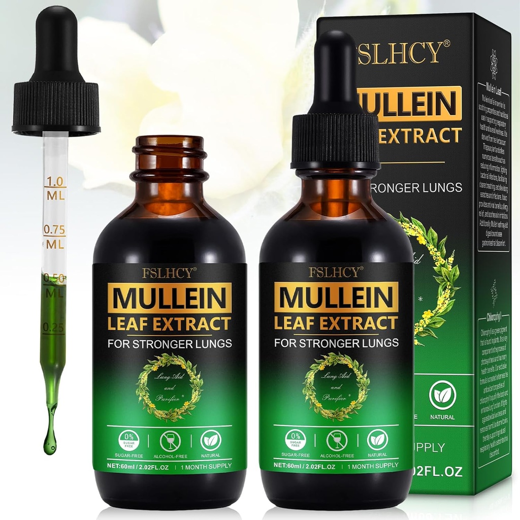 Mullein Leaf Extract Drops for Lungs,120ML Natural Mullein Leaf Drops Supplement Lung Cleanse for Immune and Respiratory Health Support for Smokers