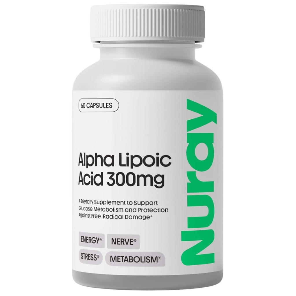 Nuray Alpha Lipoic Acid 300mg - Nerve Support, Antioxidant, Energy, Nerve Repair, Metabolism Support - 60 Day, Vegetarian Capsules, Gluten-Free Dietary Supplement