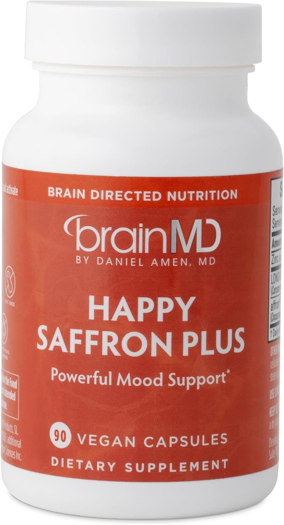 Dr Amen BrainMD Happy Saffron Plus - 90 κάψουλες, συσκευασία των 2 - Με εκχύλισμα λουλουδιών σαφράν, κουρκουμίνη & ψευδάργυρος - Vegan, χωρίς γλουτένη - 60 Σύνολο εξυπηρετήσεων