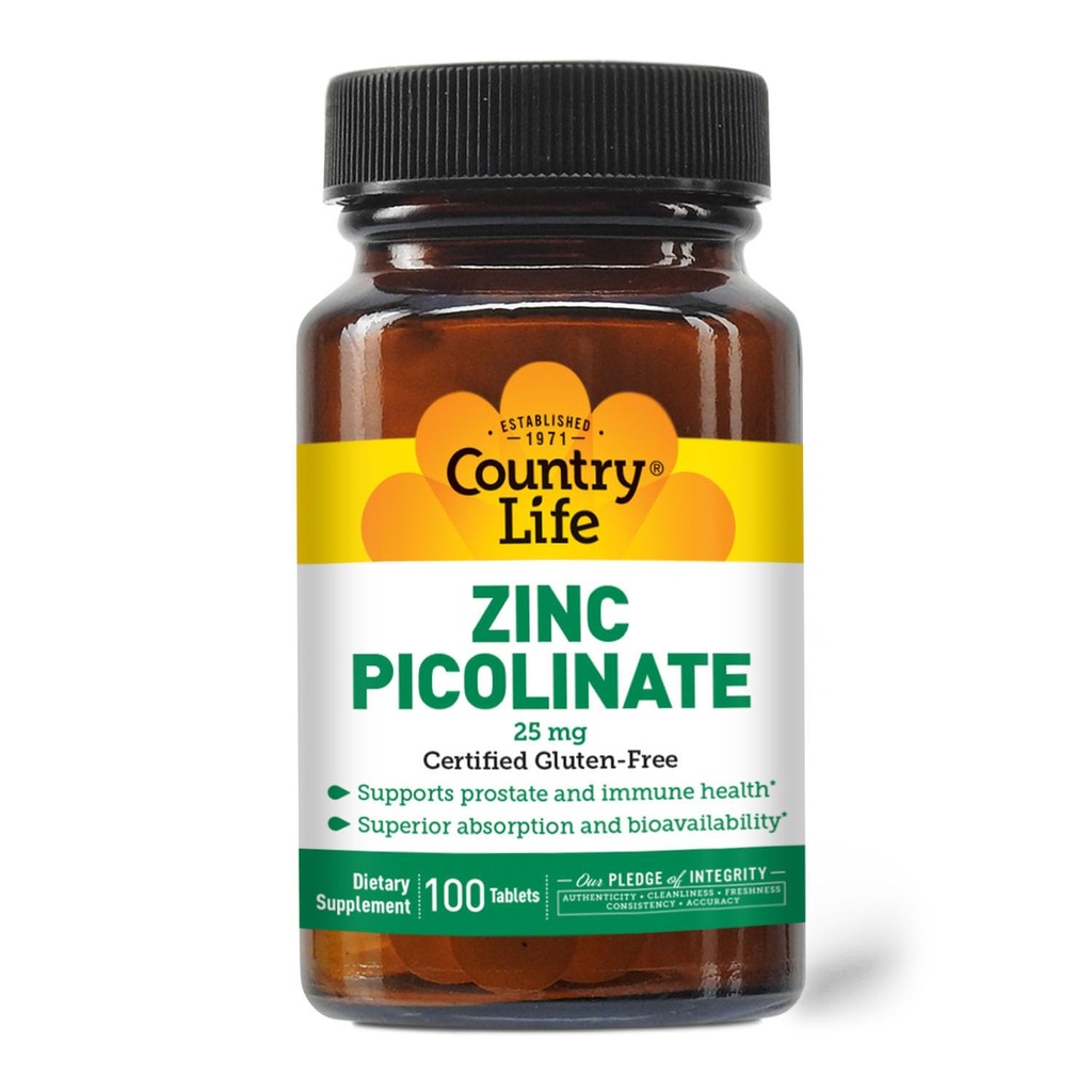 Χώρα Ζωή Ψευδάργυρος Picolinate 25 mg - Superior Απορρόφηση συμπλήρωμα ψευδάργυρου για την υποστήριξη του ανοσοποιητικού, Prostate Υγεία & Κυτταρική ευεξία - Certified Gluten-free, Vegan & Hanal, Non-GMO - 100 Tabletισκία