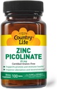 Χώρα Ζωή Ψευδάργυρος Picolinate 25 mg - Superior Απορρόφηση συμπλήρωμα ψευδάργυρου για την υποστήριξη του ανοσοποιητικού, Prostate Υγεία & Κυτταρική ευεξία - Certified Gluten-free, Vegan & Hanal, Non-GMO - 100 Tabletισκία