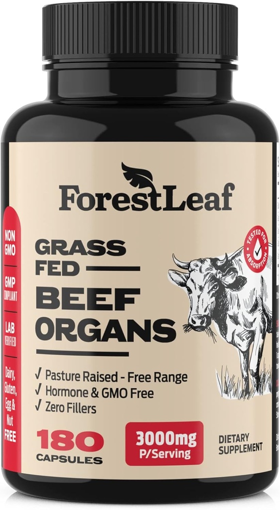 ForestLeaf Beef Organ Supplement - Grass Fed & Pasture Αυξημένο - Σύνολο ευεξίας και απόδοσης σώματος, Σύμπλεγμα οργάνων με 3000mg αποξηραμένο συκώτι βοείου κρέατος, καρδιά, νεφρό, πάγκρεας, σπλήνα (180 κάψουλες)