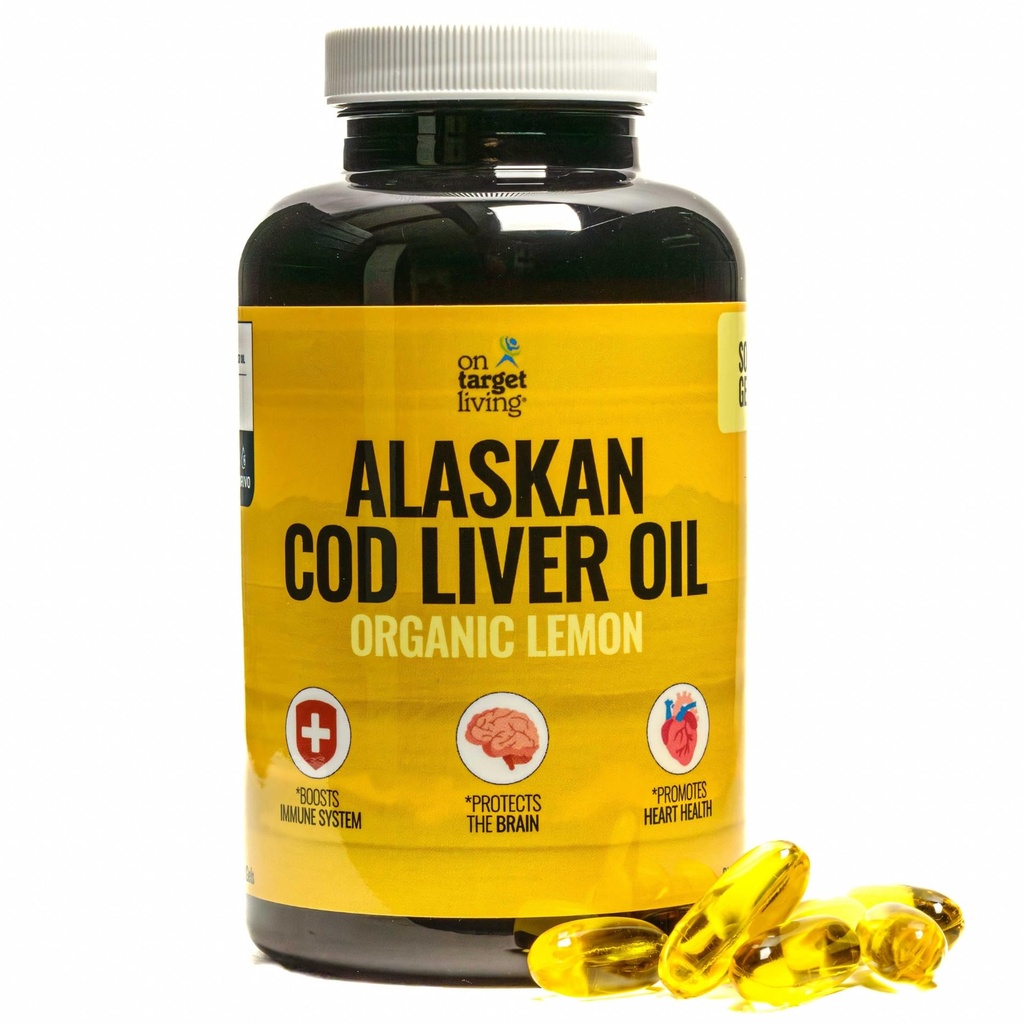On Target Living Alaskan Cod Liver Oil 120 Soft Gels | Line Caught in The USA | Naturally Occurring Vitamin D | Rich in Omega 3 DHA/EPA