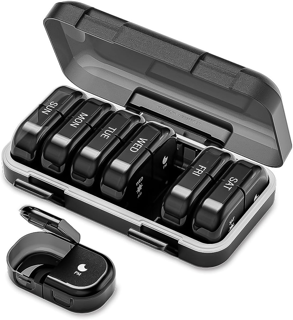 Weekly Pill Organizer 2 Times a Day, AM PM Pill Organizer 7 Days, Portable Pill Case 14 Days, Moisture Proof Large Pill Dispenser, Large Travel Pill Box for Vitamins Supplements (Black)