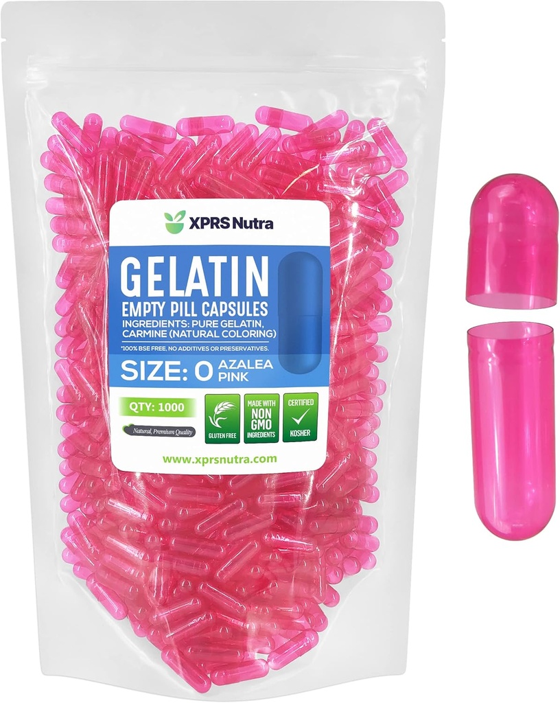 XPRS Nutra Μέγεθος 0 Κενές κάψουλες - 1000 Κάψουλες της Ζελατίνης - Χάπια DIY Καψάκιο Γέμισμα - Αγνά καπάκια τζελ για τα Βοοειδή χάπια για το Do-It-Yourself Συμπληρώματα (Azalea Pink)