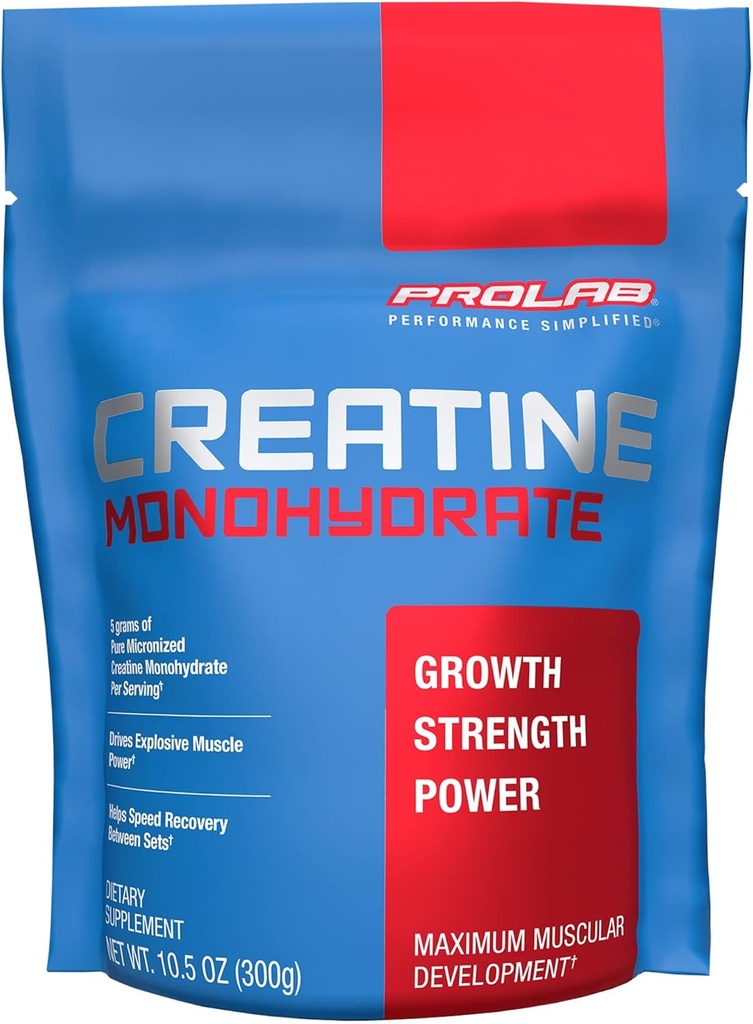 ProLab Nutrition Creatine Monohydrate Micronized Powder, 5G Pure Creatine for Muscle Strength, Power & Endurance, Fast Absorbing, Unflavored, (300g) (60 Services)