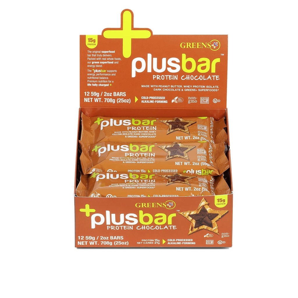 Πράσινα+Πρωτεΐνη Plusbar, Σκούρο Σοκολάτα, Απομονωμένο Πρωτεΐνης Ορού 15g, Χωρίς Γλουτένη Snack με Βιολογικά Σούπερ Πράσινα & Superfoods, Vegan, Γαλακτοκομικά, Μη ΓΤΟ, Αντικατάσταση γεύματος, 12 Pack