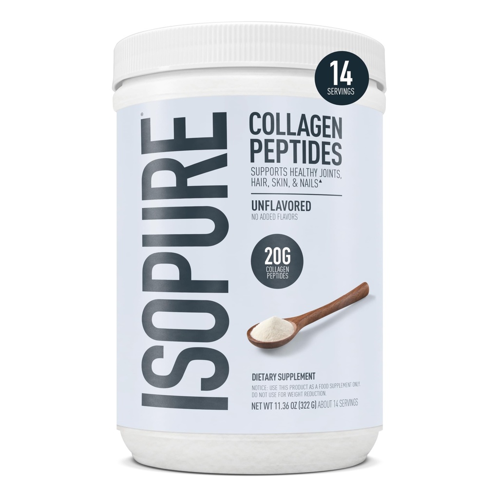 Isopure Collagen Peptides σκόνη, προωθεί τα μαλλιά, τα νύχια, το δέρμα και την κοινή υγεία, με βιταμίνη C και βιοτίνη, Unlavored, 20g Collagen Peptides Per Serving, 11.36 Oz, 14 υπηρεσίες (Packaging May Vary)