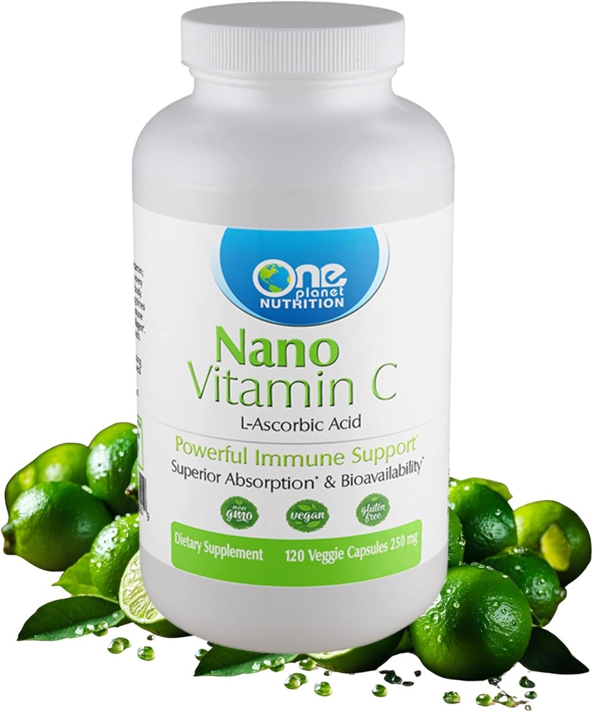 One Planet Nutrition Nano Vitamin C - Διαλυτή βιταμίνη C νερού για άνδρες & γυναίκες, Φυσική μη-ΓΤΟ βιταμίνη C για ανοσοποιητική υποστήριξη, καλή απορρόφηση & βιοδιαθεσιμότητα, Βιταμίνη C μικρές κάψουλες, 120 κάψουλες