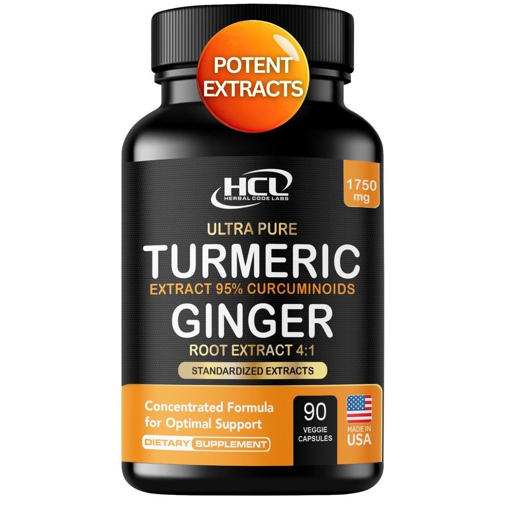 Turmeric Curcumin with Ginger – 1750mg High-Potency Formula with 95% Standardized Curcuminoids and Ginger Extract – Black Pepper for Enhanced Absorption – 60 Vegan Capsules