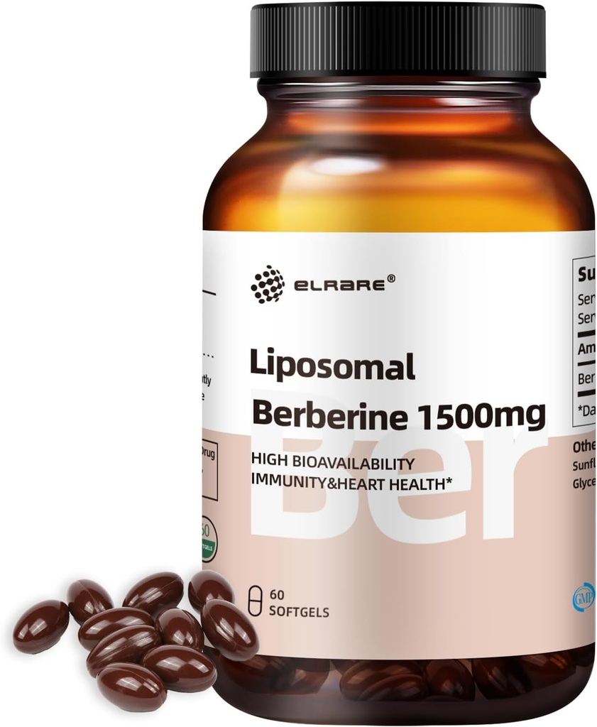 Liposomal Berberine Supplement 1500mg, Liposomal Berberine HCL, Υψηλή βιοδιαθεσιμότητα, Υποστηρίξτε το ήπαρ και την καρδιά υγεία, AMPK ενεργοποιητής για άνδρες και γυναίκες,Non-GMO,Gluten-free,60 Softgels