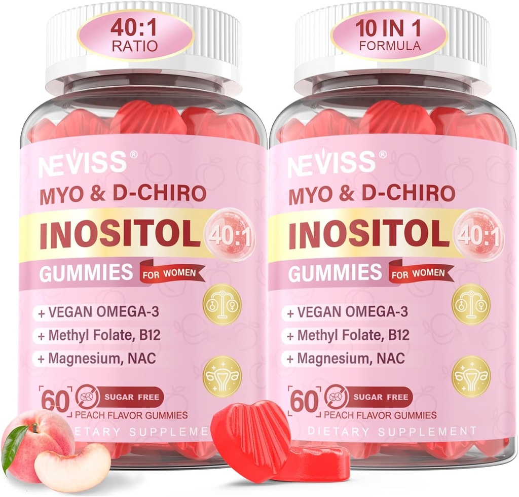 Myo-Inositol & D-Chiro Inositol Gummies for Women 2000mg + 50mg, 40:1 Ratio Inositol with Vegan Omega-3 + D3, Μαγνήσιο Γλυκινικό, Φολικό μεθύλιο + B12 for Women Health & Wellness, Sugar Free, 120 Cts