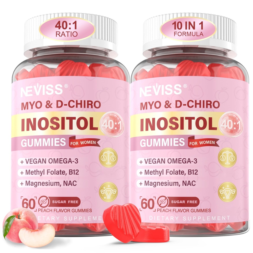 Myo-Inositol & D-Chiro Inositol Gummies for Women 2000mg + 50mg, 40:1 Ratio Inositol with Vegan Omega-3 + D3, Μαγνήσιο Γλυκινικό, Φολικό μεθύλιο + B12 for Women Health & Wellness, Sugar Free, 120 Cts