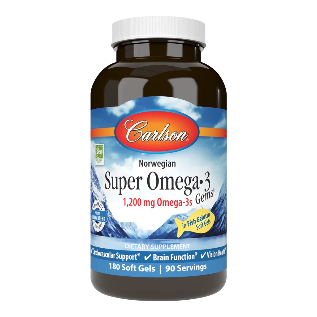 Carlson - Σούπερ Ωμέγα-3 πολύτιμοι λίθοι, 1200 mg Ωμέγα-3, Καρδιαγγειακή Υποστήριξη, Εγκεφαλική Λειτουργία & Όραμα Υγεία, Νορβηγικά, 180 μαλακά τζελ