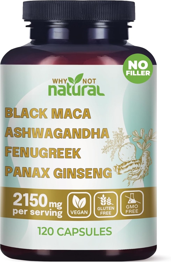 Γιατί όχι φυσικό 4-σε-1 Organic Black Maca Root, Ashwagandha, Fenugreek, Panax Ginseng κάψουλες, συμπλήρωμα για άνδρες και γυναίκες