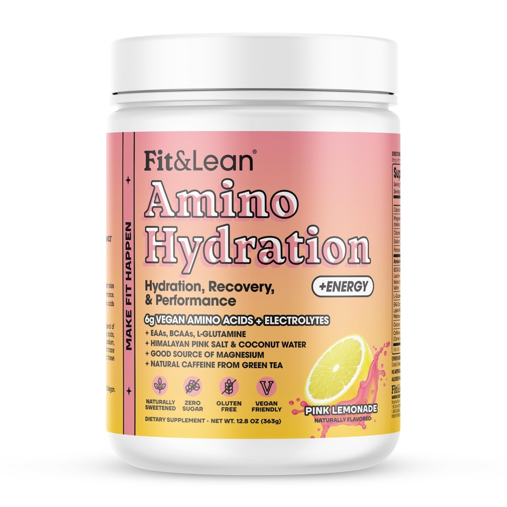 Fit & Lean Amino Hydration Plus Energy, Pre Workout Powder, 6g Vegan Essemtial Amino Acids, EAA, BCAA, Glutamine, Electrolytes & Natural Caffeine, Pink Lemonade, 30 Serve