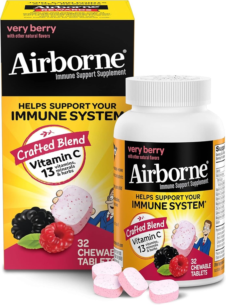 Airborne Vitamin C 1000mg (ανά υπηρεσία) Πολύ Berry Chewable Tablets (32 Count in a Box), Συμπλήρωμα Ανοσολογικής Υποστήριξης χωρίς γλουτένη, με Βιταμίνες A C E, ZINC, Selenium, Echinacea & Ginger, Αντιοξειδωτικά