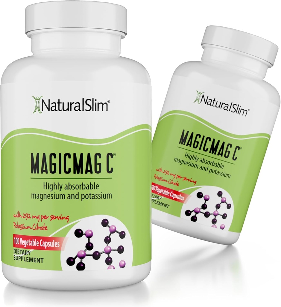 MagicMag C από NaturalSlim, Μαγνήσιο Κιτρικό με Κάλιο για τη μυϊκή χαλάρωση, την ποιότητα ύπνου, τη λειτουργία νεύρων & ηλεκτρολυτών Υποστήριξη, ημερήσιο συμπλήρωμα μαγνησίου για άνδρες και γυναίκες, 100 κάψουλες 2pk