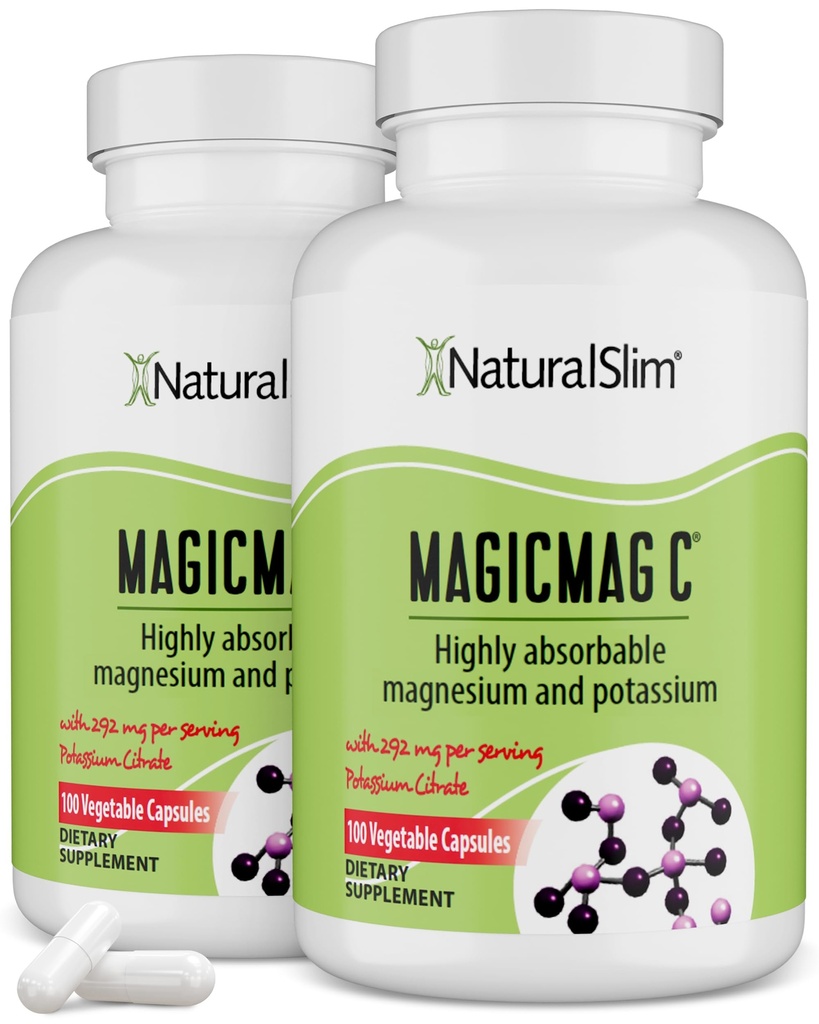 MagicMag C από NaturalSlim, Μαγνήσιο Κιτρικό με Κάλιο για τη μυϊκή χαλάρωση, την ποιότητα ύπνου, τη λειτουργία νεύρων & ηλεκτρολυτών Υποστήριξη, ημερήσιο συμπλήρωμα μαγνησίου για άνδρες και γυναίκες, 100 κάψουλες 2pk