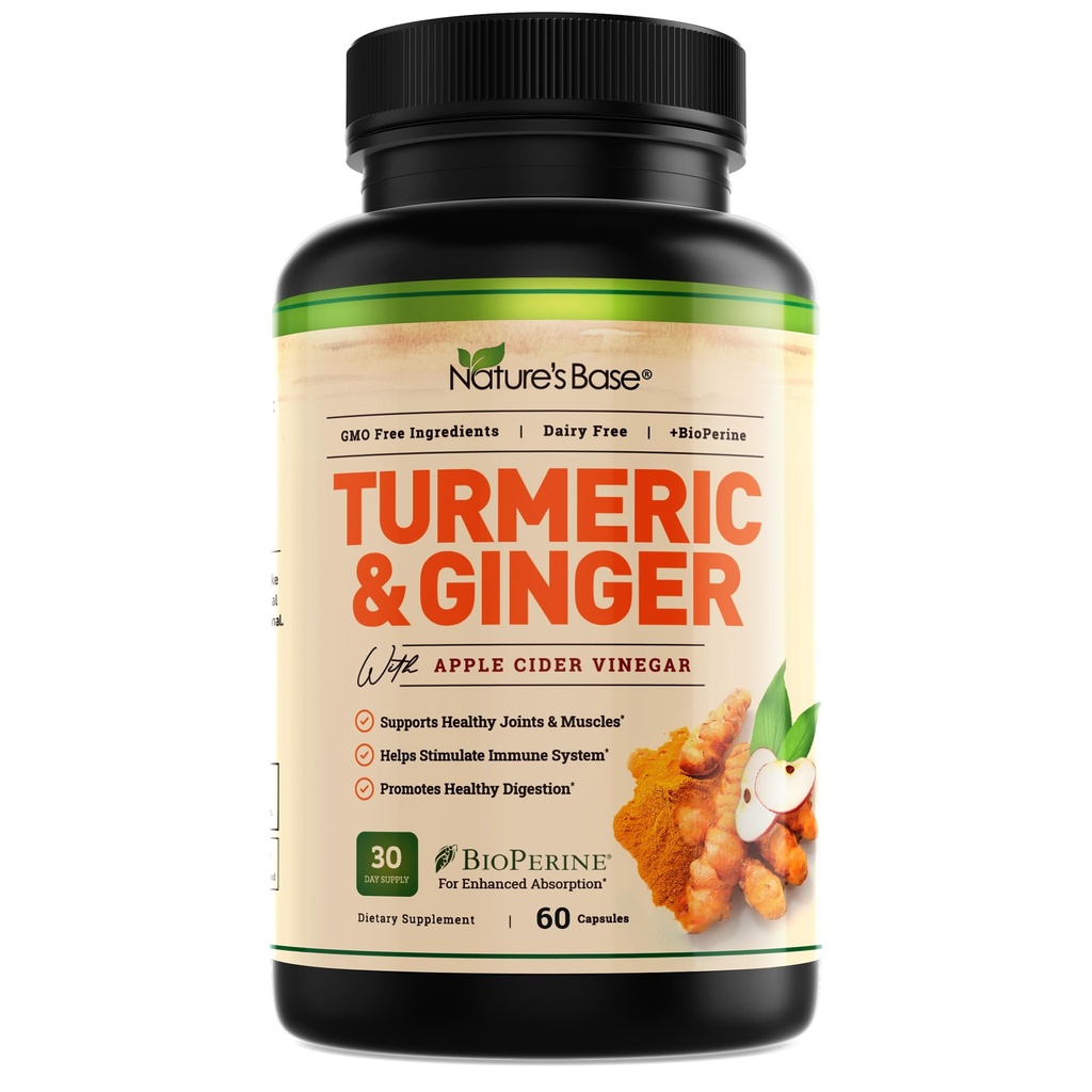 Nature's Base Turmeric and Ginger Supplement - με κουρκουμίνη, μηλίτη και εκχύλισμα μαύρου πιπεριού BioPerine - 95% Κουρκουμινοειδή - 60 κάψουλες
